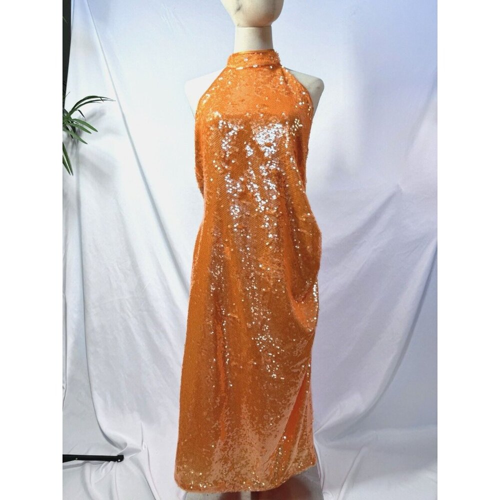 Caroline Constas Orange Halter Fully Lined Midi Sequin Dress Size Large NWT - Picture 2 of 10